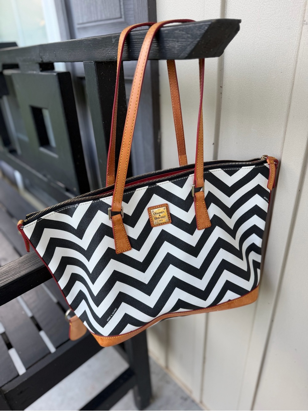 Dooney & Bourke Black and White Chevron Tote with Brown Leather Trim - Picture 3 of 11